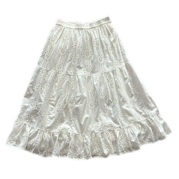 Ivy Jane Eyelet Tiered Midi Skirt Small White Cotton Full A-Line