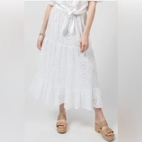 Ivy Jane Eyelet Tiered Midi Skirt Small White Cotton Full A-Line