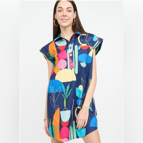 Uncle Frank Modern Mexicana Dress XL Cotton Colorful Abstract Shapes