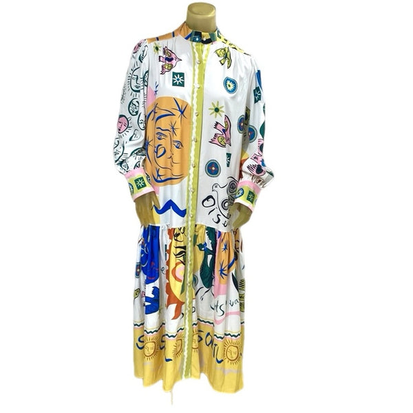 Camellia Soleil Printed Maxi Dress L Shirt Dress Long Sleeve Abstract