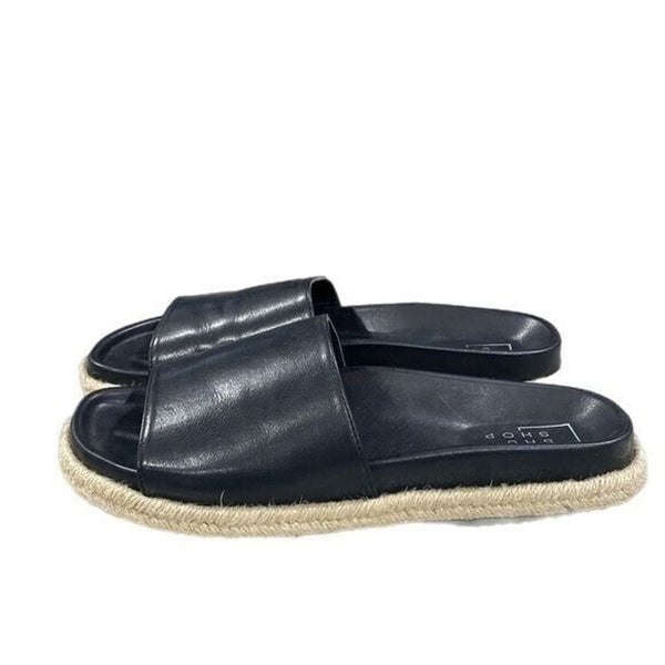 ShuShop Espadrille Slides 10 Black Sandals Cristanta Vegan Leather