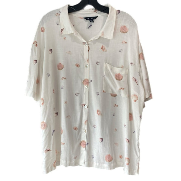Tribal Shell Print Blouse XL Short Sleeve Button Up Beach