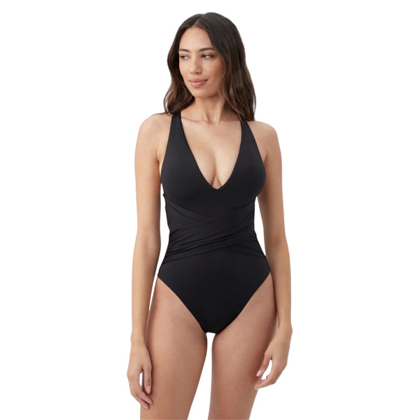 Trina Turk Monaco Wrap Suit 4 Plunge One Piece New Black Small Swim