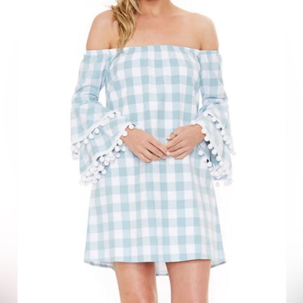 Voom Gingham Dress M New Off Shoulder Mini Boho Joy Han USA